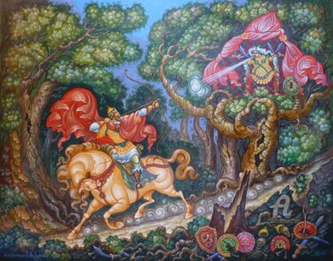 Painting titled "Илья Муромец и Соло…" by Sergey Guz, Original Artwork, Tempera