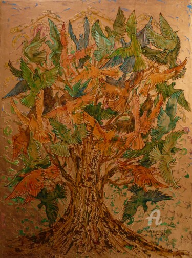 Painting titled "Paradise Tree" by Sergey Guz, Original Artwork, Oil Mounted on Wood Stretcher frame