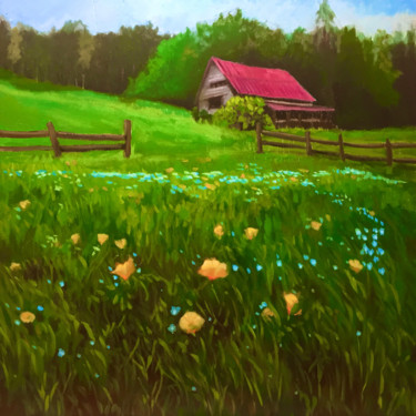 Painting titled "Red Roof and Wildfl…" by Hilary J England, Original Artwork, Oil