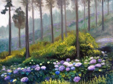 Painting titled "Hydrangeas in the M…" by Hilary J England, Original Artwork, Oil