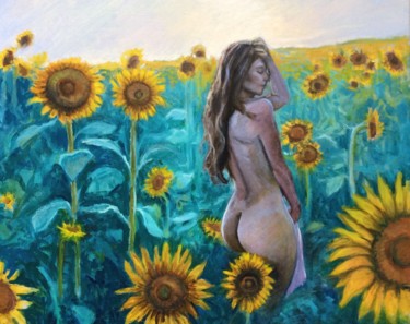 Pittura intitolato "Sunflower Field Fem…" da Hilary J England, Opera d'arte originale, Olio