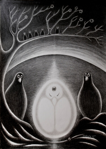 「The Cosmic Egg No 2」というタイトルの描画 Hjördis Thelanderによって, オリジナルのアートワーク, 鉛筆 段ボールにマウント