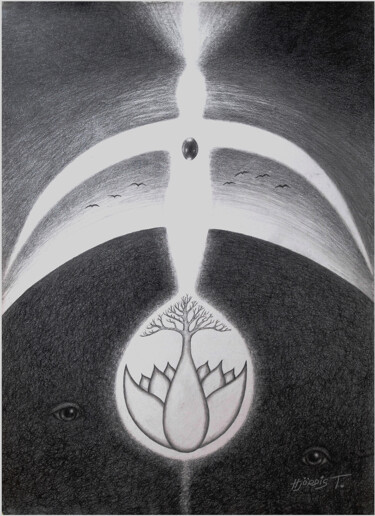 Drawing titled "The Cosmic Egg No 3" by Hjördis Thelander, Original Artwork, Pencil Mounted on Cardboard