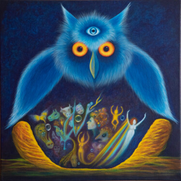 Pittura intitolato "The Meditating Owl.…" da Hjördis Thelander, Opera d'arte originale, Acrilico