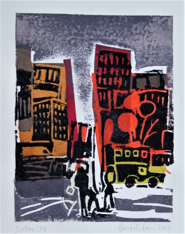 Druckgrafik mit dem Titel "Dallas 1/8" von Hervé Marchelidon, Original-Kunstwerk, Linoldrucke