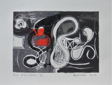Incisioni, stampe intitolato "Rose et la rupture…" da Hervé Marchelidon, Opera d'arte originale, Incisioni su linoleum