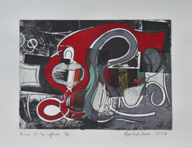 Incisioni, stampe intitolato "Rose et la rupture…" da Hervé Marchelidon, Opera d'arte originale, Incisioni su linoleum