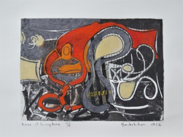 Druckgrafik mit dem Titel "Rose et la rupture…" von Hervé Marchelidon, Original-Kunstwerk, Linoldrucke