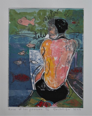 Obrazy i ryciny zatytułowany „Rose et les poisson…” autorstwa Hervé Marchelidon, Oryginalna praca, Linoryty