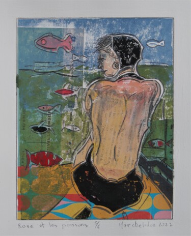 Gravures & estampes intitulée "Rose et les poisson…" par Hervé Marchelidon, Œuvre d'art originale, Linogravures