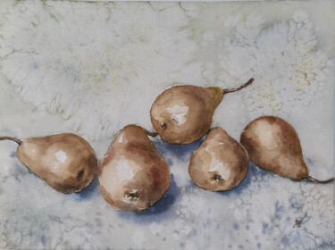 Painting titled "Pears on the table" by Anna Hnatiuk, Original Artwork, Watercolor