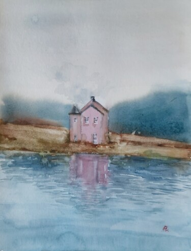 Painting titled "Pink house" by Anna Hnatiuk, Original Artwork, Watercolor