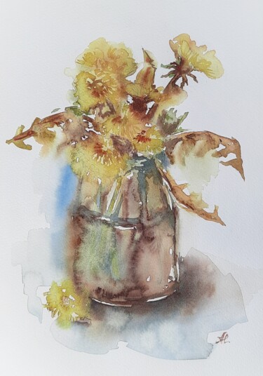 Painting titled "Yellow dandelions f…" by Anna Hnatiuk, Original Artwork, Watercolor