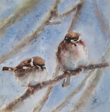 Pittura intitolato "Two sparrows" da Anna Hnatiuk, Opera d'arte originale, Acquarello
