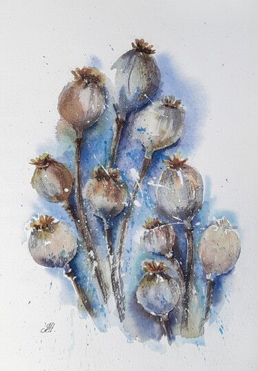 Painting titled "Dry poppy bouquet" by Anna Hnatiuk, Original Artwork, Watercolor