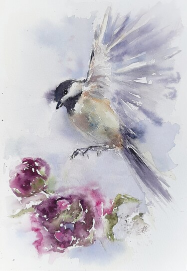 Painting titled "A tit flye over tul…" by Anna Hnatiuk, Original Artwork, Watercolor