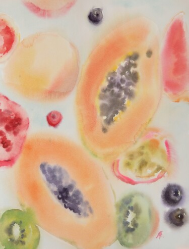 Painting titled "Fruits with kiwi" by Anna Hnatiuk, Original Artwork, Watercolor