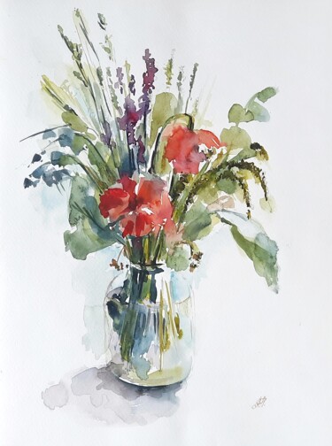 Painting titled "Bouquet of wild flo…" by Anna Hnatiuk, Original Artwork, Watercolor