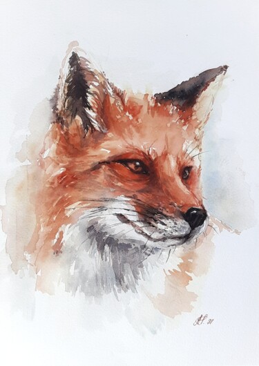 Painting titled "Red fox portrait" by Anna Hnatiuk, Original Artwork, Watercolor