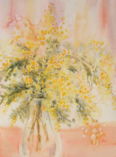 Painting titled "Blooming mimosa" by Anna Hnatiuk, Original Artwork, Watercolor