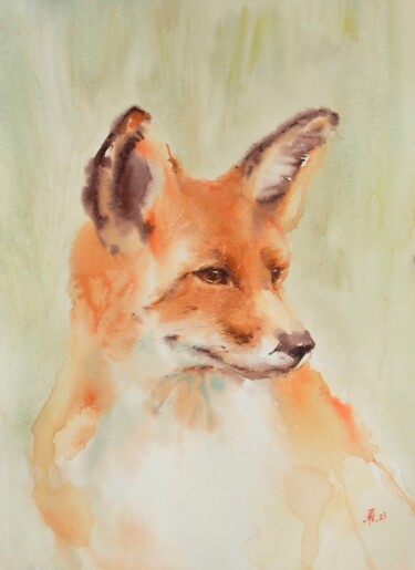 Painting titled "Big fox" by Anna Hnatiuk, Original Artwork, Watercolor