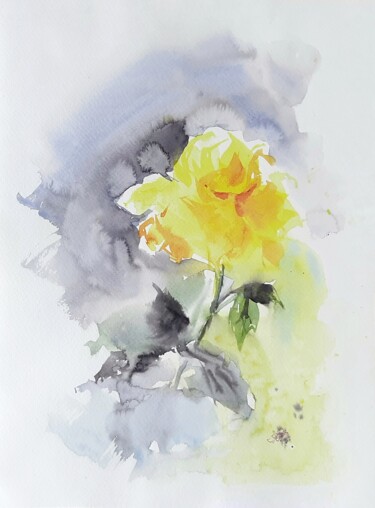 Картина под названием "Yellow rose" - Anna Hnatiuk, Подлинное произведение искусства, Акварель