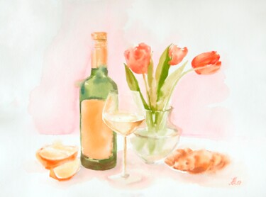 Painting titled "Still life with wine" by Anna Hnatiuk, Original Artwork, Watercolor