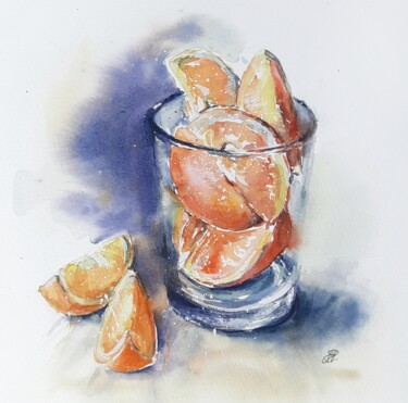 Painting titled "Glass with oranges" by Anna Hnatiuk, Original Artwork, Watercolor
