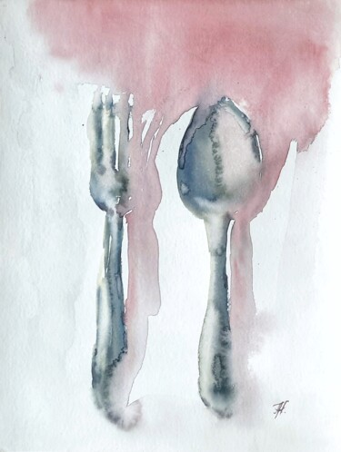 Pintura intitulada "Cutlery with a red…" por Anna Hnatiuk, Obras de arte originais, Aquarela