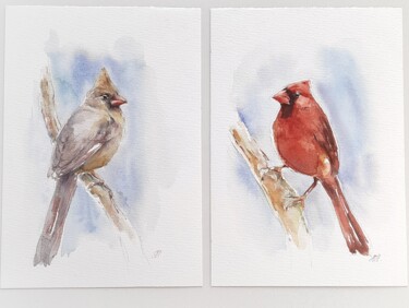 Painting titled "Family of red cardi…" by Anna Hnatiuk, Original Artwork, Watercolor