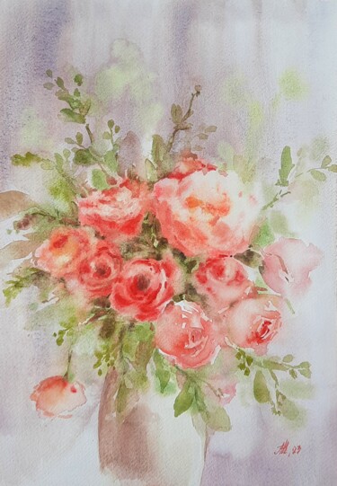 Картина под названием "Bouquet with red fl…" - Anna Hnatiuk, Подлинное произведение искусства, Акварель