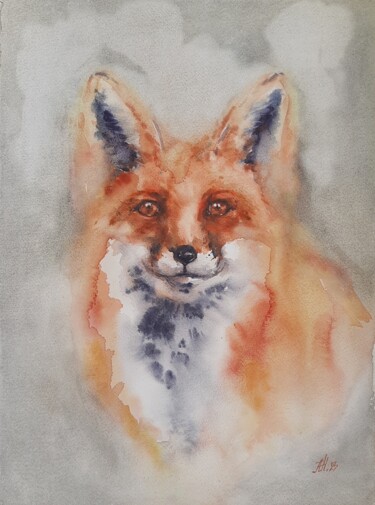Painting titled "The look of a fox" by Anna Hnatiuk, Original Artwork, Watercolor