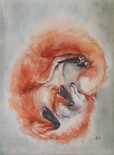 Painting titled "Fox sleeps" by Anna Hnatiuk, Original Artwork, Watercolor