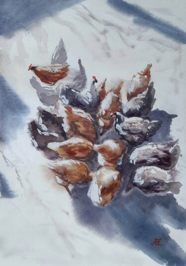 Painting titled "Feed chickens" by Anna Hnatiuk, Original Artwork, Watercolor