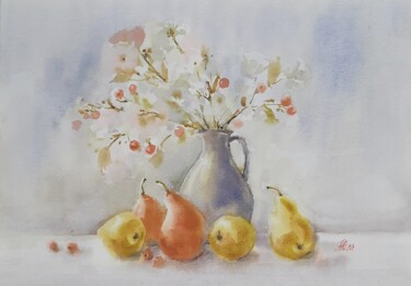Painting titled "The vase and pears" by Anna Hnatiuk, Original Artwork, Watercolor