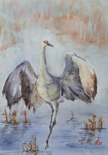 Painting titled "Crane in the reeds" by Anna Hnatiuk, Original Artwork, Watercolor