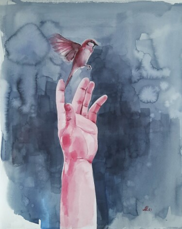 Painting titled "The Pink bird" by Anna Hnatiuk, Original Artwork, Watercolor