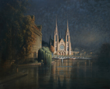 Pintura intitulada "Strasbourg, l’églis…" por Hocine Ziani, Obras de arte originais, Óleo