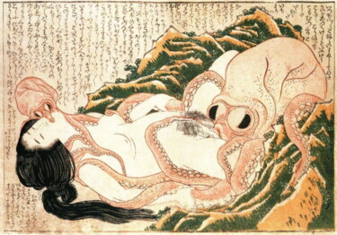 Peinture intitulée "Tako to ama" par Hokusai, Œuvre d'art originale, Aquarelle