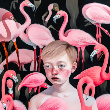 Pittura intitolato "Flamingo Boy" da Holger Mühlbauer-Gardemin, Opera d'arte originale, Acrilico Montato su Telaio per barel…