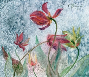 Картина под названием "Тюльпаны в непогоду" - Татьяна Холина-Джемардьян, Подлинное произведение искусства, Масло