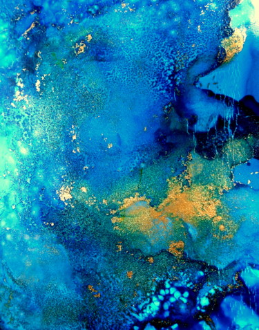 Painting titled "large blue and gold…" by Holly Anderson, Original Artwork, Ink
