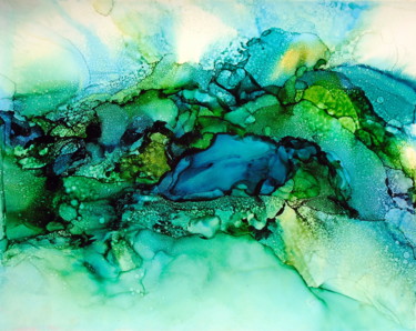 Painting titled "Wispy Blue and Gree…" by Holly Anderson, Original Artwork, Ink