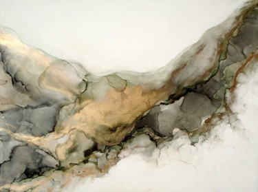 Large Fluid Marbled Alcohol Ink Painting in Black and Brass Painting titled "Large Fluid Marbled…" by Holly Anderson, Original Art, Ink Mounted on Stretcher frame