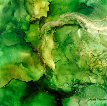 Painting titled "fluid green and gol…" by Holly Anderson, Original Artwork, Ink Mounted on Wood Stretcher frame