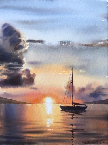 Pittura intitolato "Sailing yacht and f…" da Eugenia Gorbacheva, Opera d'arte originale, Acquarello