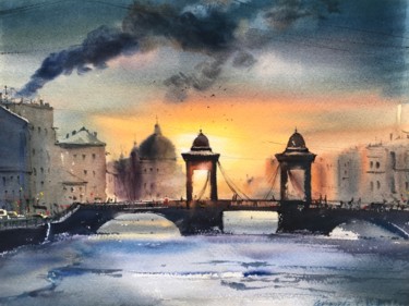 Painting titled "Sunset in St Peters…" by Eugenia Gorbacheva, Original Artwork, Watercolor