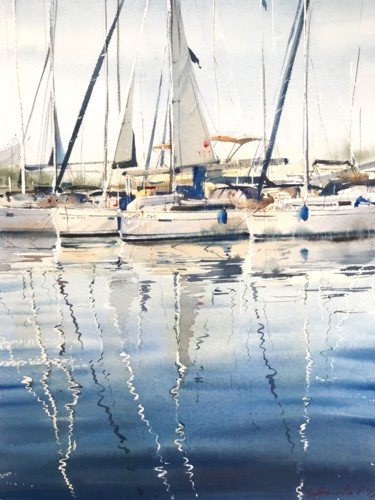 Painting titled "Moored yachts" by Eugenia Gorbacheva, Original Artwork, Watercolor
