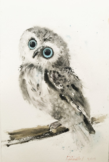 Peinture intitulée "Little owl on a bra…" par Eugenia Gorbacheva, Œuvre d'art originale, Aquarelle