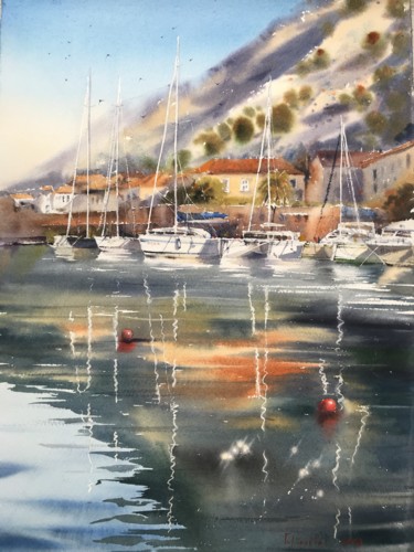 Painting titled "Yacht Reflection" by Eugenia Gorbacheva, Original Artwork, Watercolor